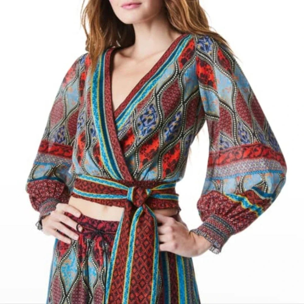 Alice + Olivia Blouse Womens Medium Multicolor Geometric‎ Chiffon Wrap Crop Boho